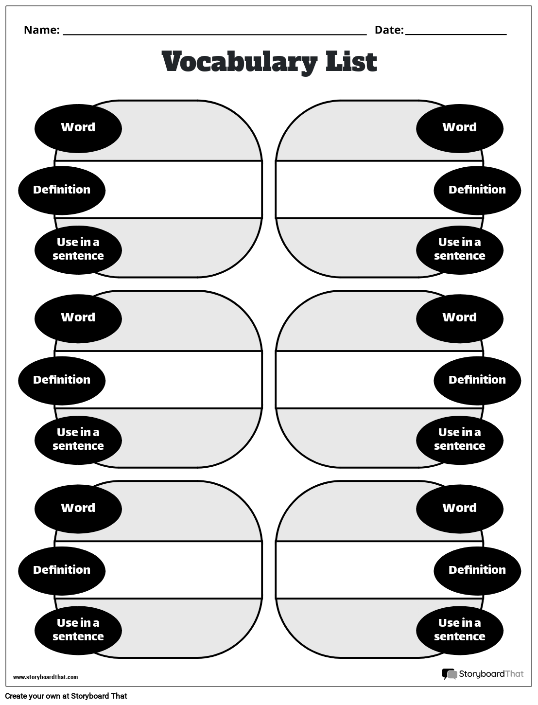 Storyboard That Free Vocabulary Worksheet Templates