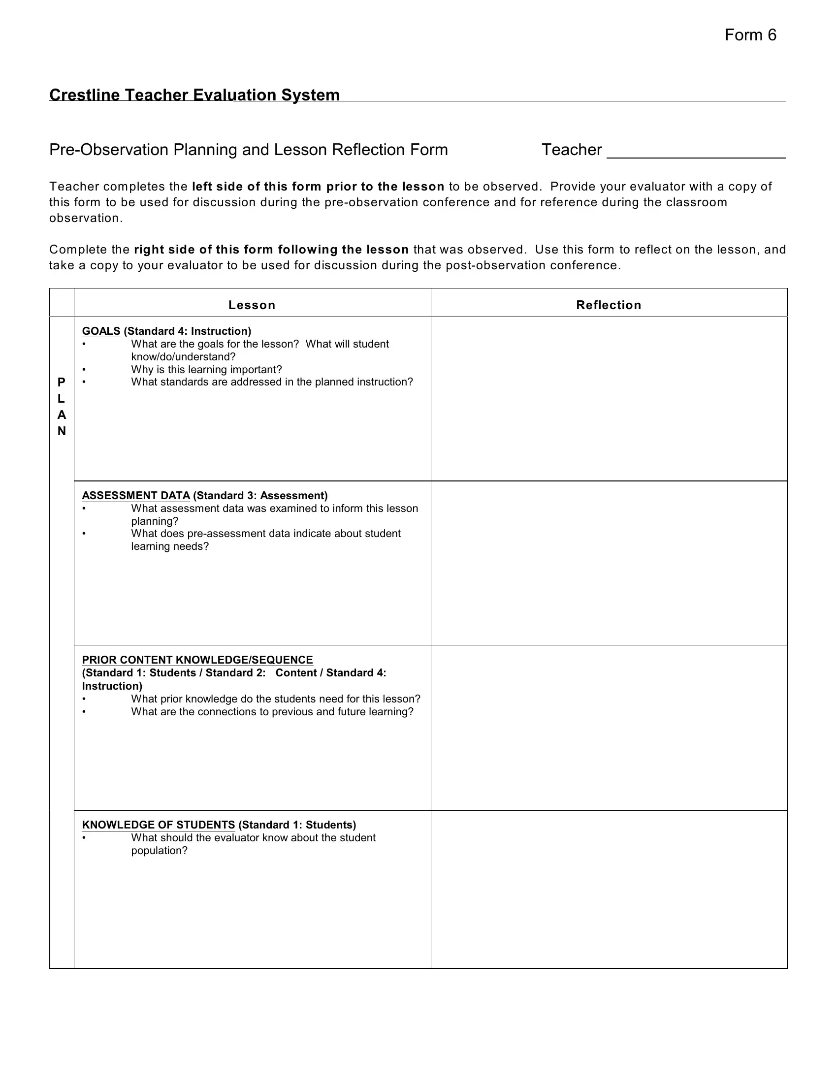 Teacher Observation Form 6 Fill Out Printable PDF Forms Online