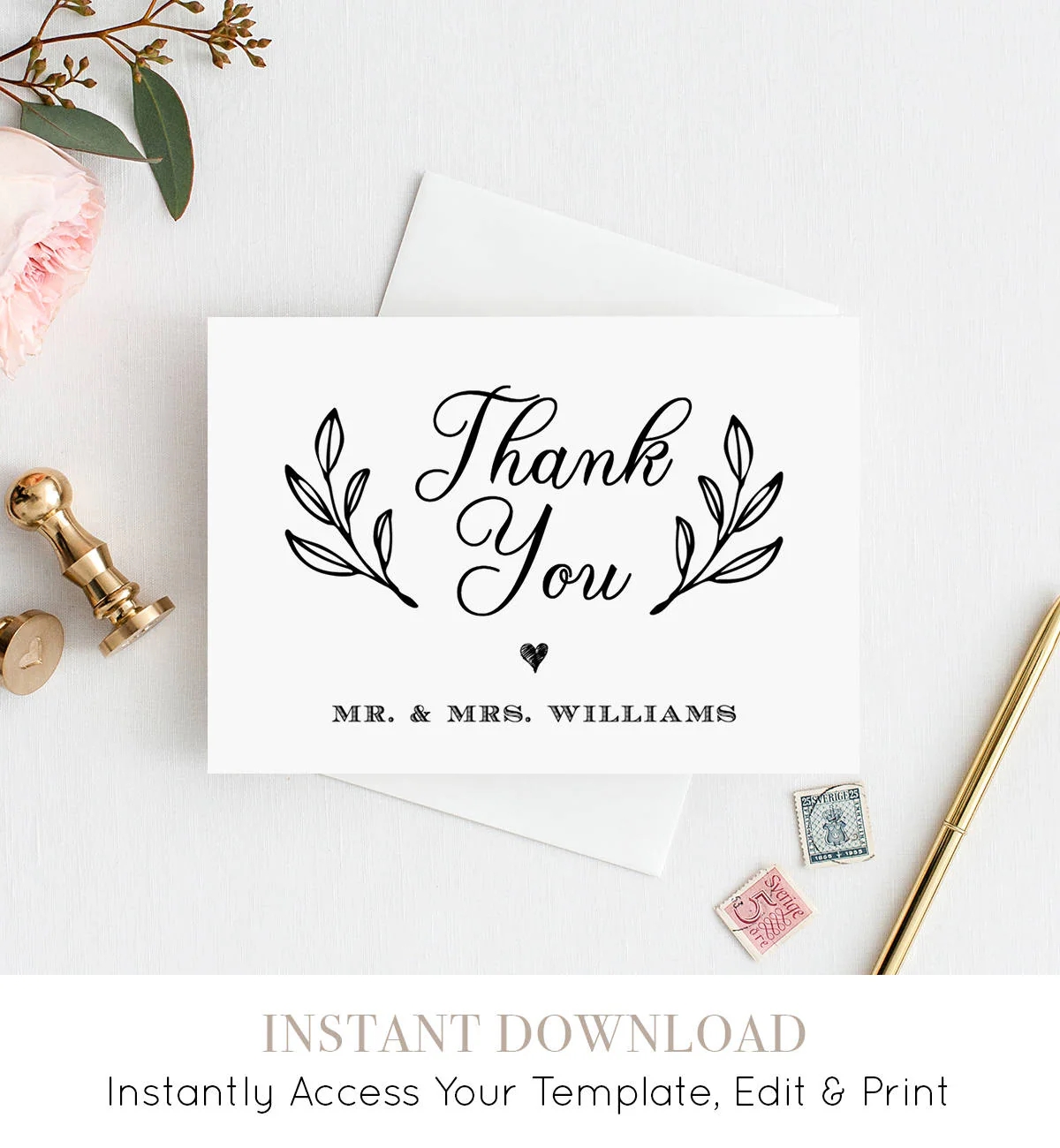 Thank You Card Template Printable Rustic Wedding Thank You Note Card 100 Editable Instant Download 3 5x5 Folded Card DIY 027 101TYC