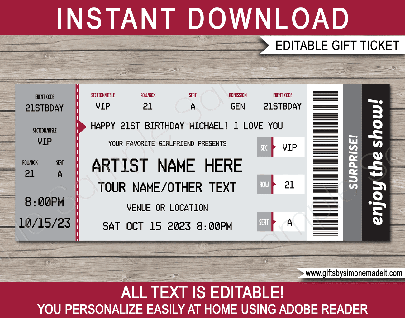 Ticketmaster Concert Ticket Template Fake Ticket Gift Card