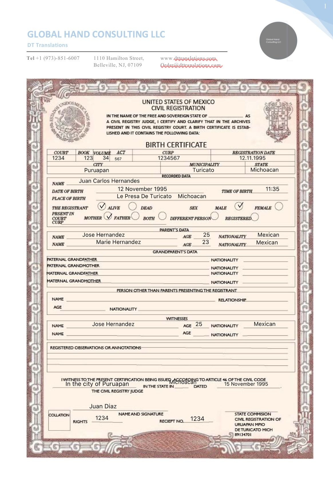 Translate Mexican Birth Certificate To English Template