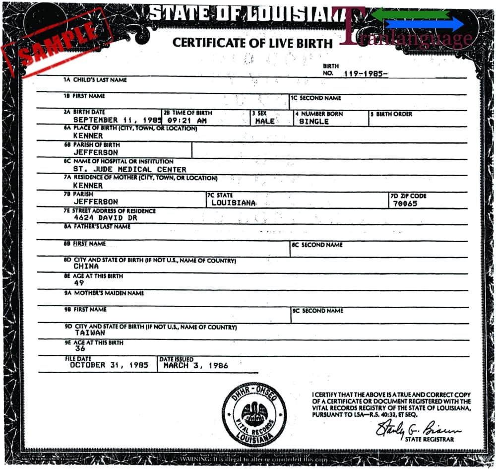 Translation Of Birth Certificate USA Louisiana I Certified Translations