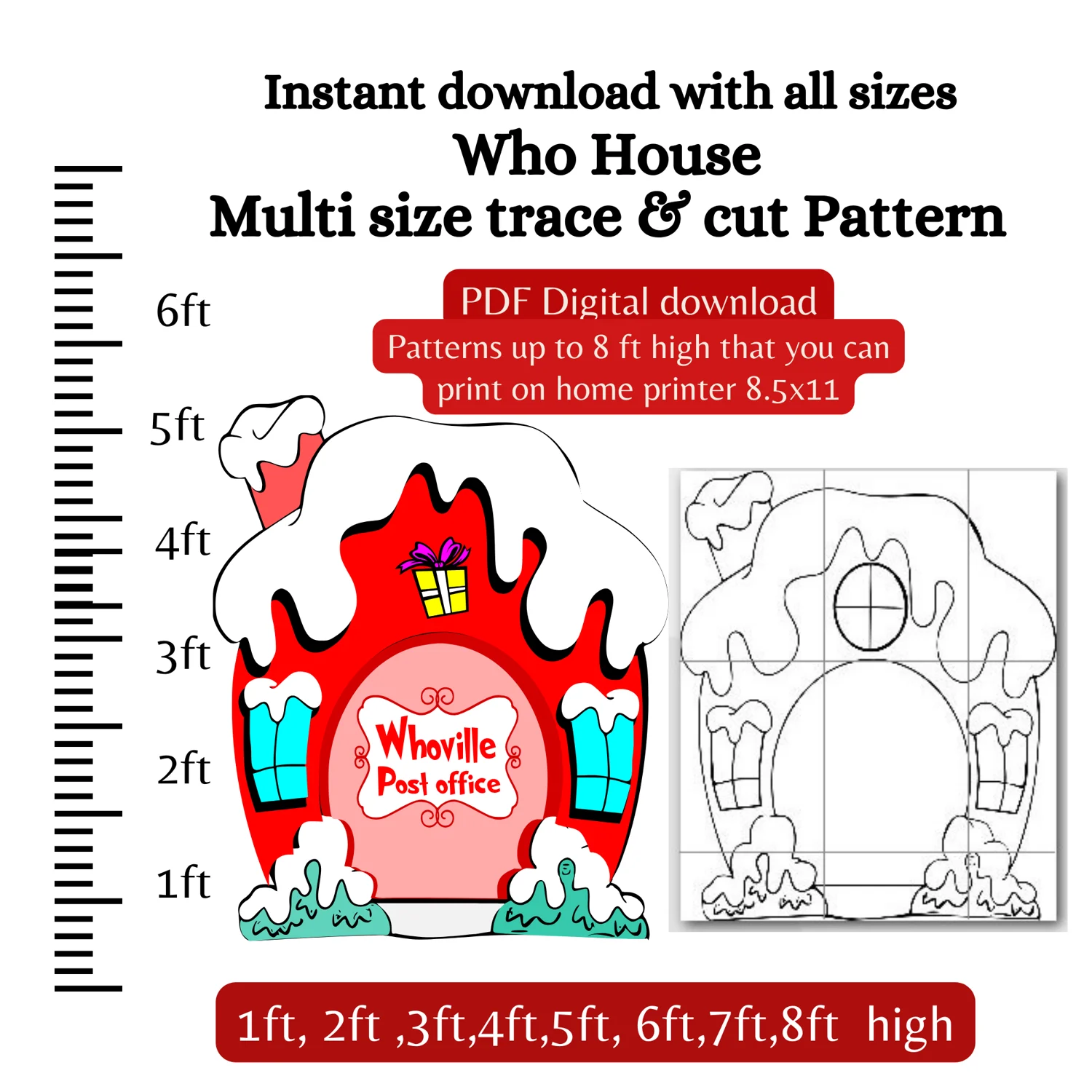 Whoville House Home Mean One traceable Pattern 1ft 2ft 3ft 4ft 5ft 6ft 7ft 8ft Silhouette Template Stencil Pattern Christmas Village Scene Print Trace Cut Pattern Xmas Yard Art Trace And