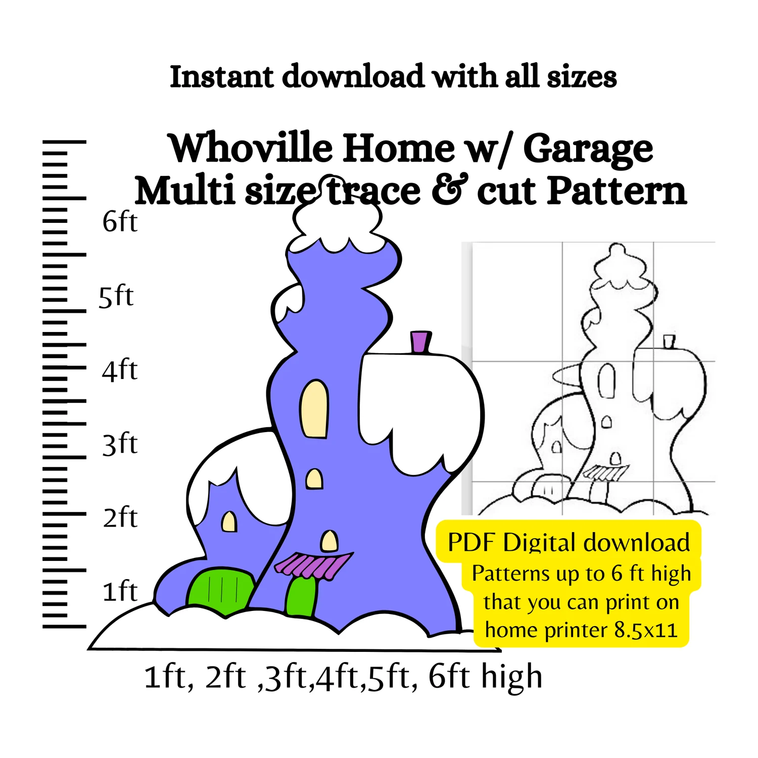 Whoville House Home With Garage Mean One traceable Pattern 1ft 2ft 3ft 4ft 5ft 6ft 7ft 8ft Silhouette Template Stencil Pattern Christmas Village Scene Print Trace Cut Pattern Xmas Yard Art 