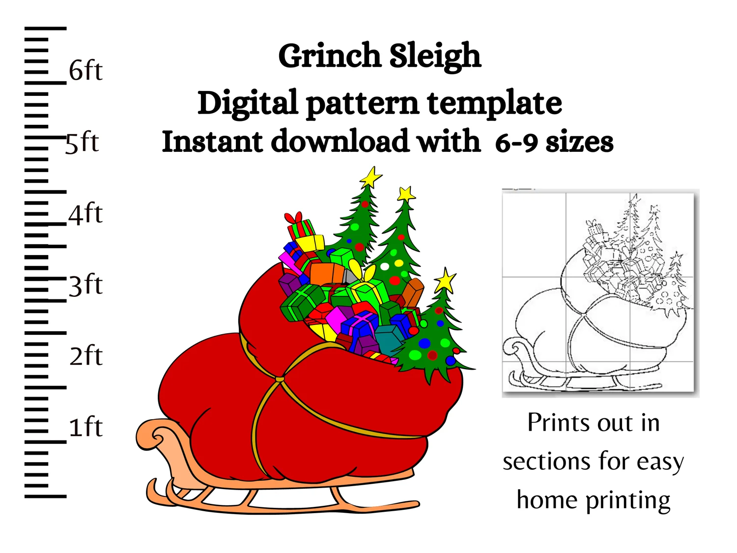 Whoville Sleigh Build Pattern 1ft 2ft 3ft 4ft 5ft 6ft 7ft 8ft Silhouette Template Stencil Pattern Christmas Village Scene Print Trace Cut Pattern Xmas Yard Art Trace And Create D cor Digital