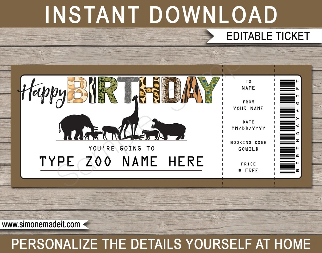 Zoo Ticket Printable Birthday Gift Voucher Surprise Trip To The Zoo DIY Coupon Template EDITABLE Text DOWNLOAD You Personalize Etsy